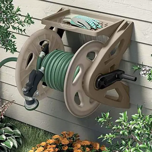 Alt view image 6 of 6 - Handler Durable Hard Plastic Wall Mounted Outdoor Retractable Garden Hose Reel with Storage Tray and 200 Feet Hose Capacity, Taupe