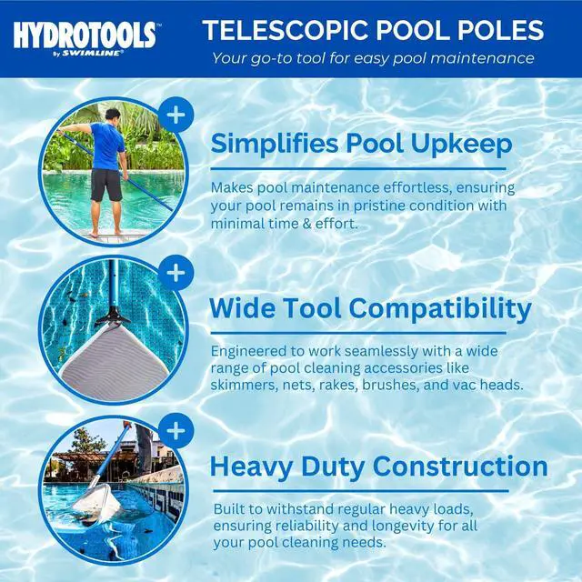 Alt view image 2 of 6 - HYDROTOOLS 83565 2-Piece Telescopic Pole 8 To 15 Feet Adjustable Telepole For Swimming Pool Cleaning Skimmer Nets Vacuum Heads & Brushes Step-Up Anodized Aluminum W/ Strong Grip & Lock