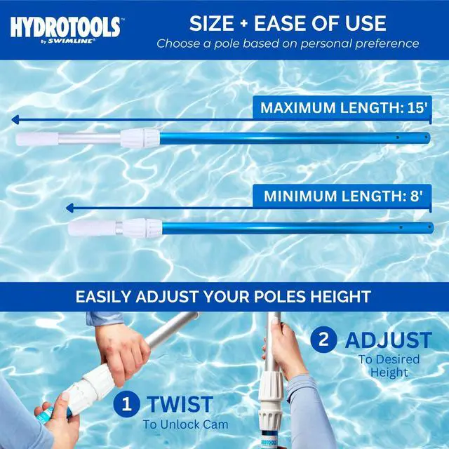 Alt view image 3 of 6 - HYDROTOOLS 83565 2-Piece Telescopic Pole 8 To 15 Feet Adjustable Telepole For Swimming Pool Cleaning Skimmer Nets Vacuum Heads & Brushes Step-Up Anodized Aluminum W/ Strong Grip & Lock