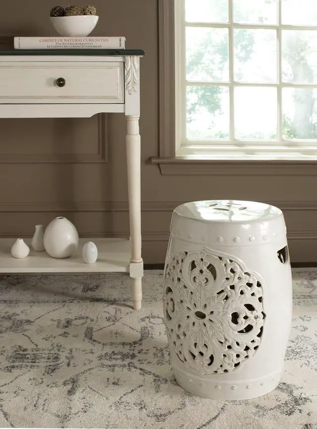 Alt view image 2 of 5 - Furniture - Flora Decorative Garden Stool - Creme - Ceramic - Artisan Hand-Painted Design - Ideal for Living Room, Patio, Garden - Fully Assembled (ACS4527B)
