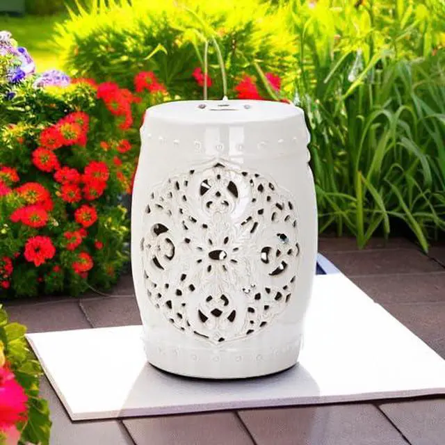 Alt view image 4 of 5 - Furniture - Flora Decorative Garden Stool - Creme - Ceramic - Artisan Hand-Painted Design - Ideal for Living Room, Patio, Garden - Fully Assembled (ACS4527B)
