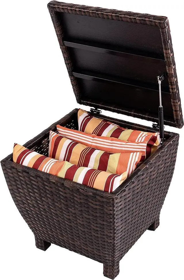 Main image of Small Deck Storage Box with Lid, 13 Gallon Outdoor Bin Storage Container for Hose Cushion Towel, Patio Fully Assembled Brown Wicker Side Table with Storage - Rattan