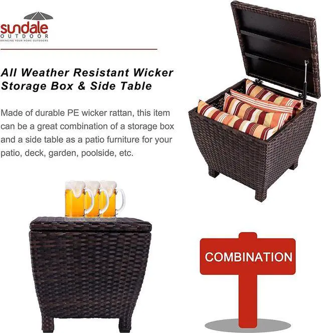 Alt view image 2 of 6 - Small Deck Storage Box with Lid, 13 Gallon Outdoor Bin Storage Container for Hose Cushion Towel, Patio Fully Assembled Brown Wicker Side Table with Storage - Rattan