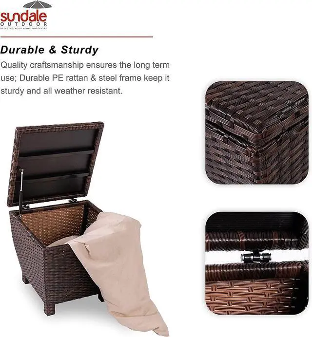 Alt view image 4 of 6 - Small Deck Storage Box with Lid, 13 Gallon Outdoor Bin Storage Container for Hose Cushion Towel, Patio Fully Assembled Brown Wicker Side Table with Storage - Rattan