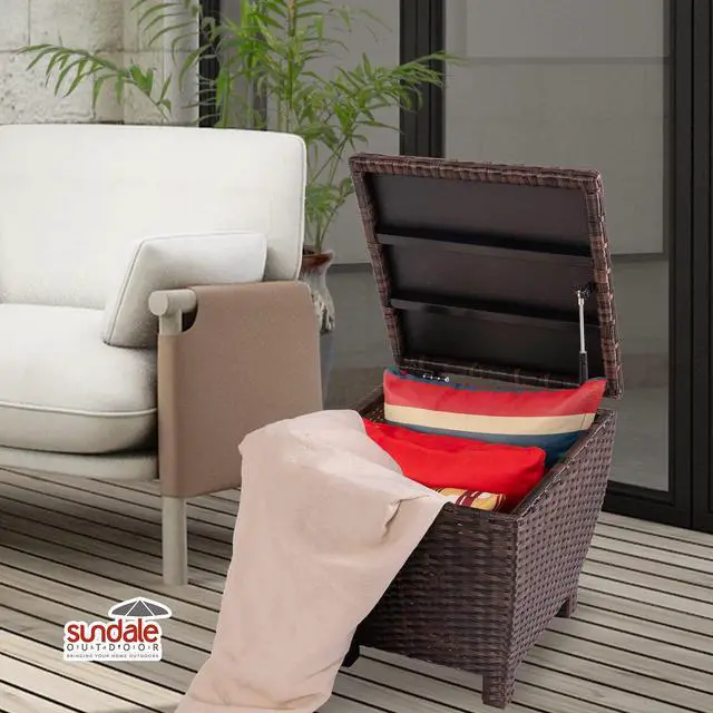 Alt view image 5 of 6 - Small Deck Storage Box with Lid, 13 Gallon Outdoor Bin Storage Container for Hose Cushion Towel, Patio Fully Assembled Brown Wicker Side Table with Storage - Rattan