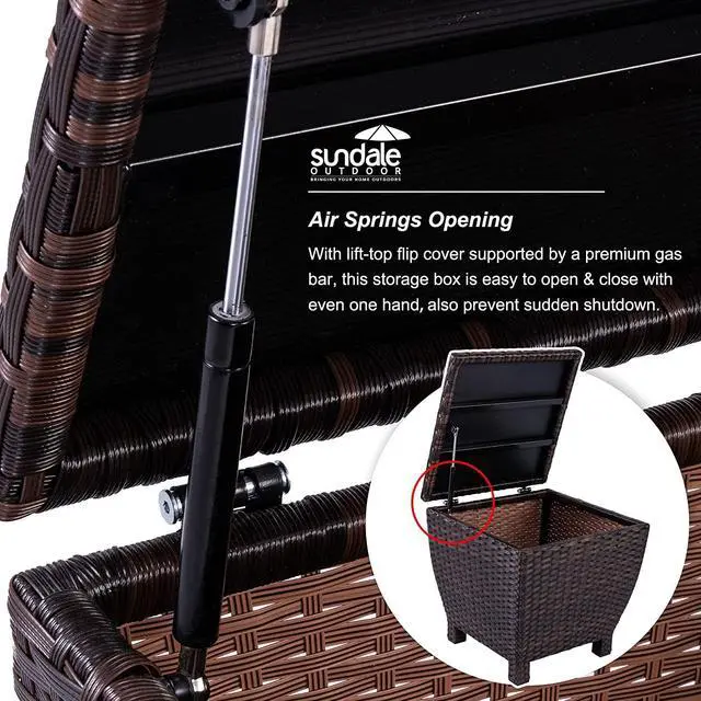 Alt view image 6 of 6 - Small Deck Storage Box with Lid, 13 Gallon Outdoor Bin Storage Container for Hose Cushion Towel, Patio Fully Assembled Brown Wicker Side Table with Storage - Rattan