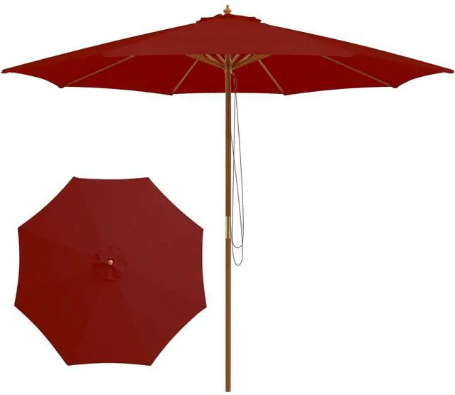 Main image of 10FT Patio Umbrella, Outdoor Table Market Umbrella w/8 Wooden Ribs, 3 Adjustable Heights, Rope Pulley System, Detachable Pole, Wooden Patio Umbrella for Garden, Poolside, Backyard (Burgundy)