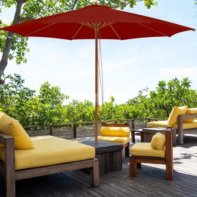 Alt view image 2 of 6 - 10FT Patio Umbrella, Outdoor Table Market Umbrella w/8 Wooden Ribs, 3 Adjustable Heights, Rope Pulley System, Detachable Pole, Wooden Patio Umbrella for Garden, Poolside, Backyard (Burgundy)