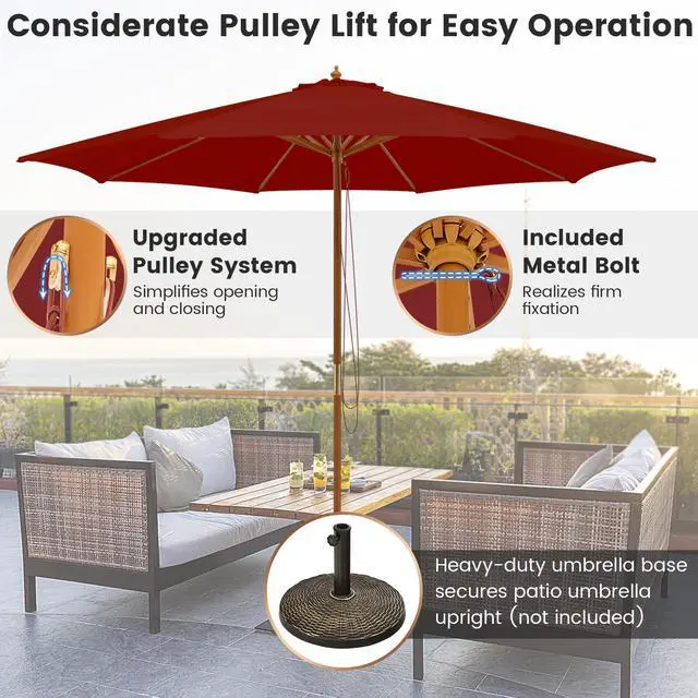 Alt view image 3 of 6 - 10FT Patio Umbrella, Outdoor Table Market Umbrella w/8 Wooden Ribs, 3 Adjustable Heights, Rope Pulley System, Detachable Pole, Wooden Patio Umbrella for Garden, Poolside, Backyard (Burgundy)
