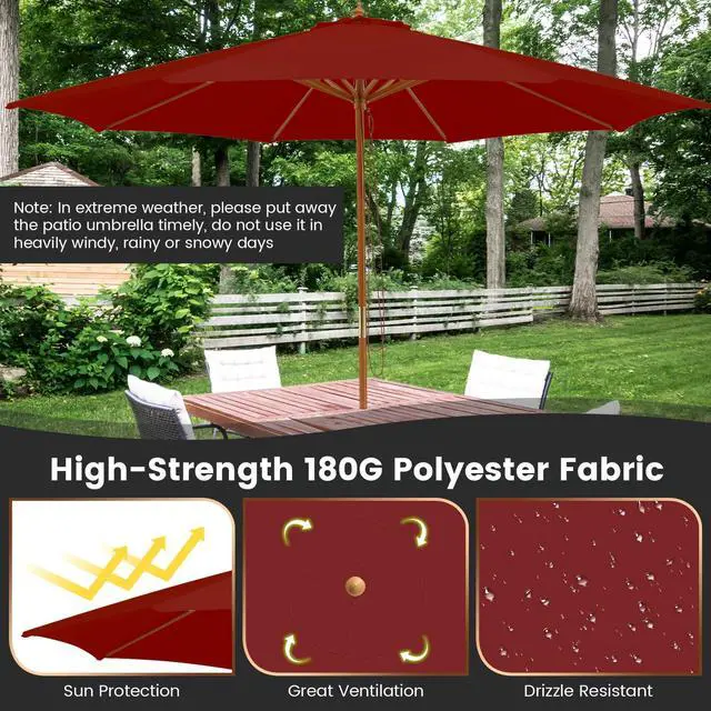 Alt view image 4 of 6 - 10FT Patio Umbrella, Outdoor Table Market Umbrella w/8 Wooden Ribs, 3 Adjustable Heights, Rope Pulley System, Detachable Pole, Wooden Patio Umbrella for Garden, Poolside, Backyard (Burgundy)