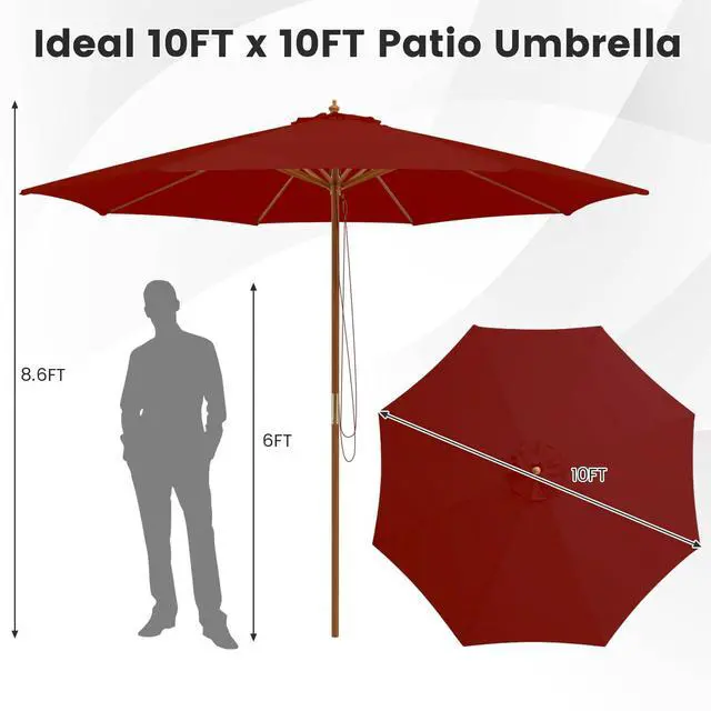 Alt view image 5 of 6 - 10FT Patio Umbrella, Outdoor Table Market Umbrella w/8 Wooden Ribs, 3 Adjustable Heights, Rope Pulley System, Detachable Pole, Wooden Patio Umbrella for Garden, Poolside, Backyard (Burgundy)