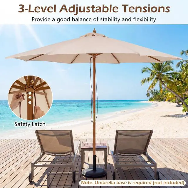 Alt view image 4 of 6 - 9 FT Patio Umbrella, Outdoor Table Market Umbrella with 8 Wooden Ribs, 3 Adjustable Heights, Rope Pulley System for Garden, Vented Top for Pool Backyard Deck Garden