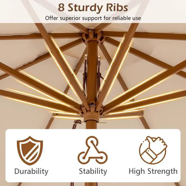 Alt view image 5 of 6 - 9 FT Patio Umbrella, Outdoor Table Market Umbrella with 8 Wooden Ribs, 3 Adjustable Heights, Rope Pulley System for Garden, Vented Top for Pool Backyard Deck Garden