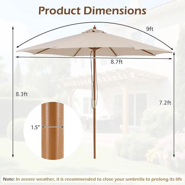 Alt view image 6 of 6 - 9 FT Patio Umbrella, Outdoor Table Market Umbrella with 8 Wooden Ribs, 3 Adjustable Heights, Rope Pulley System for Garden, Vented Top for Pool Backyard Deck Garden