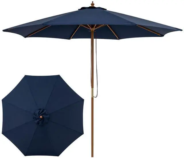 Main image of 9 FT Patio Umbrella, Outdoor Table Market Umbrella with 8 Wooden Ribs, 3 Adjustable Heights, Rope Pulley System for Garden, Vented Top for Pool Backyard Deck Garden