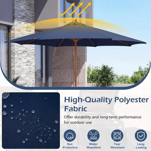 Alt view image 3 of 6 - 9 FT Patio Umbrella, Outdoor Table Market Umbrella with 8 Wooden Ribs, 3 Adjustable Heights, Rope Pulley System for Garden, Vented Top for Pool Backyard Deck Garden