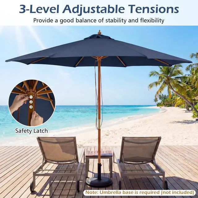 Alt view image 4 of 6 - 9 FT Patio Umbrella, Outdoor Table Market Umbrella with 8 Wooden Ribs, 3 Adjustable Heights, Rope Pulley System for Garden, Vented Top for Pool Backyard Deck Garden