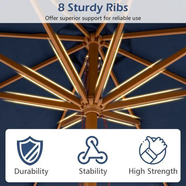 Alt view image 5 of 6 - 9 FT Patio Umbrella, Outdoor Table Market Umbrella with 8 Wooden Ribs, 3 Adjustable Heights, Rope Pulley System for Garden, Vented Top for Pool Backyard Deck Garden