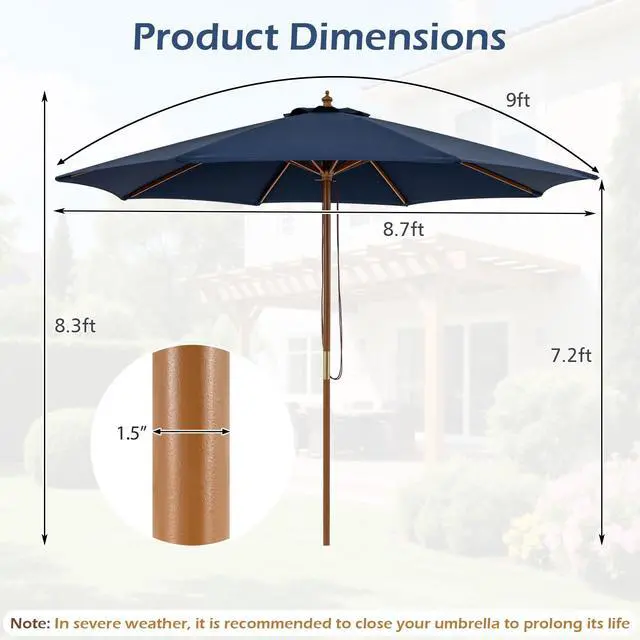 Alt view image 6 of 6 - 9 FT Patio Umbrella, Outdoor Table Market Umbrella with 8 Wooden Ribs, 3 Adjustable Heights, Rope Pulley System for Garden, Vented Top for Pool Backyard Deck Garden