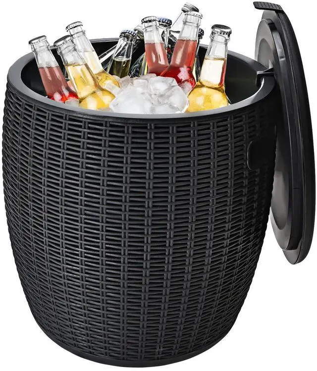 Main image of 9.5 Gallon Ice Cooler, Wicker Round Ice Chest, Outdoor Beer Wine Ice Bucket, Top Lid Side Handles Drainage Plug, Weather-resistant Patio Cool Bar Table for Cocktail Party Poolside Deck