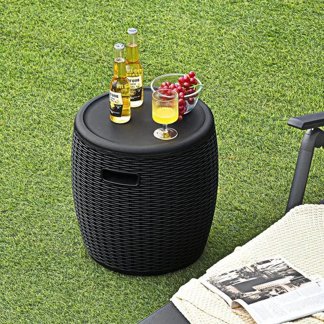 Alt view image 2 of 6 - 9.5 Gallon Ice Cooler, Wicker Round Ice Chest, Outdoor Beer Wine Ice Bucket, Top Lid Side Handles Drainage Plug, Weather-resistant Patio Cool Bar Table for Cocktail Party Poolside Deck