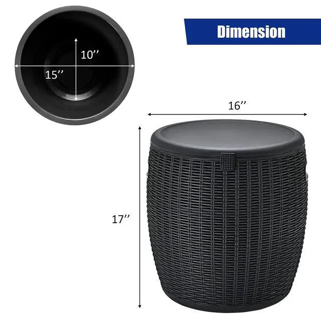 Alt view image 3 of 6 - 9.5 Gallon Ice Cooler, Wicker Round Ice Chest, Outdoor Beer Wine Ice Bucket, Top Lid Side Handles Drainage Plug, Weather-resistant Patio Cool Bar Table for Cocktail Party Poolside Deck