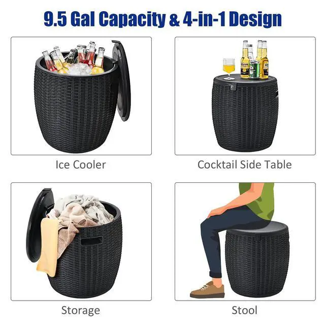 Alt view image 4 of 6 - 9.5 Gallon Ice Cooler, Wicker Round Ice Chest, Outdoor Beer Wine Ice Bucket, Top Lid Side Handles Drainage Plug, Weather-resistant Patio Cool Bar Table for Cocktail Party Poolside Deck