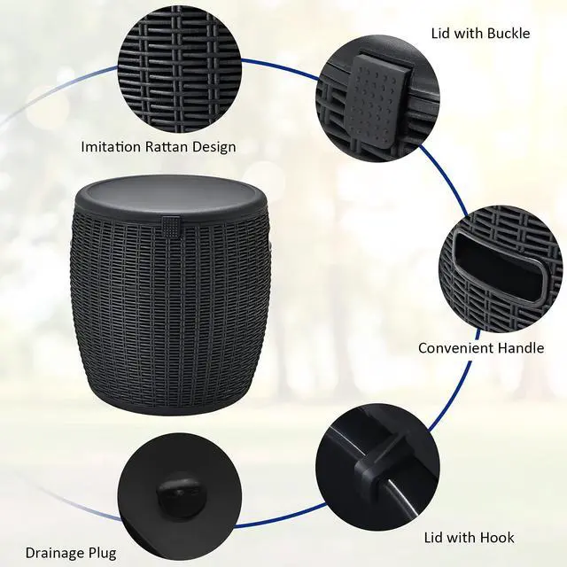 Alt view image 5 of 6 - 9.5 Gallon Ice Cooler, Wicker Round Ice Chest, Outdoor Beer Wine Ice Bucket, Top Lid Side Handles Drainage Plug, Weather-resistant Patio Cool Bar Table for Cocktail Party Poolside Deck