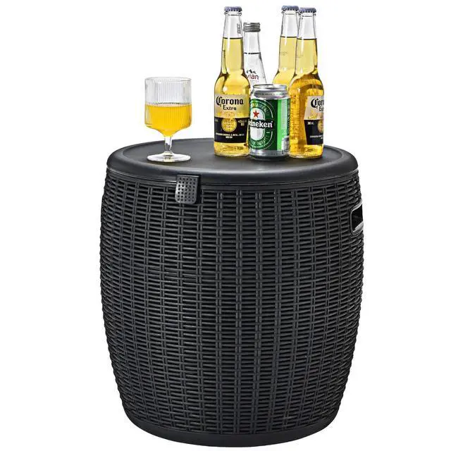 Alt view image 6 of 6 - 9.5 Gallon Ice Cooler, Wicker Round Ice Chest, Outdoor Beer Wine Ice Bucket, Top Lid Side Handles Drainage Plug, Weather-resistant Patio Cool Bar Table for Cocktail Party Poolside Deck