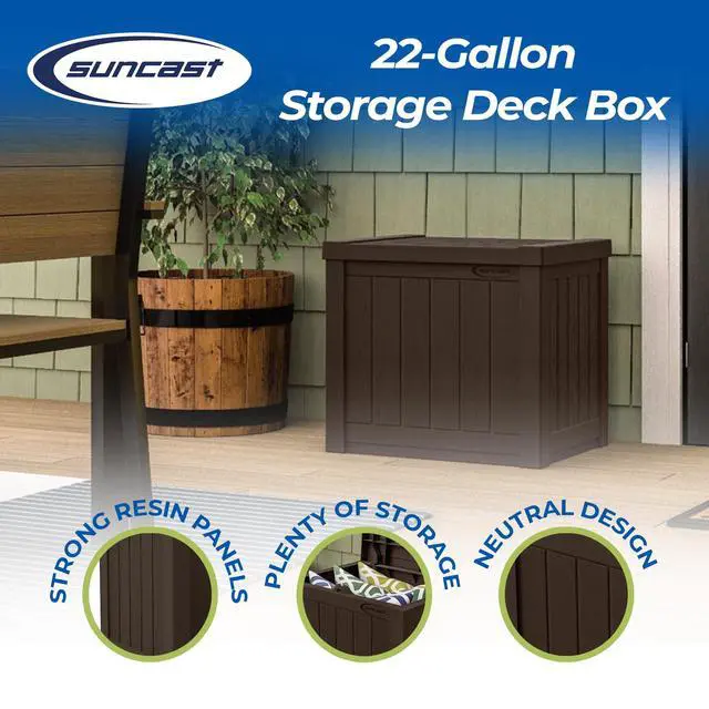 Alt view image 2 of 6 - Small Outdoor Storage Box - 22 Gallon Java Resin Outdoor Deck Box, Flat-Lid Bench Seating, Patio Storage Bin Container for Organizing Tools, Cushions for Porch, Deck, Pool, & Garden