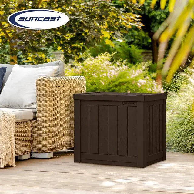 Alt view image 5 of 6 - Small Outdoor Storage Box - 22 Gallon Java Resin Outdoor Deck Box, Flat-Lid Bench Seating, Patio Storage Bin Container for Organizing Tools, Cushions for Porch, Deck, Pool, & Garden
