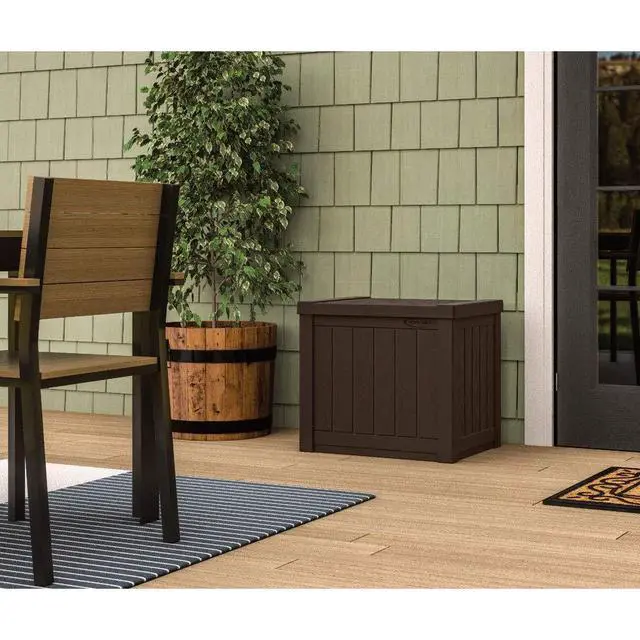 Alt view image 6 of 6 - Small Outdoor Storage Box - 22 Gallon Java Resin Outdoor Deck Box, Flat-Lid Bench Seating, Patio Storage Bin Container for Organizing Tools, Cushions for Porch, Deck, Pool, & Garden