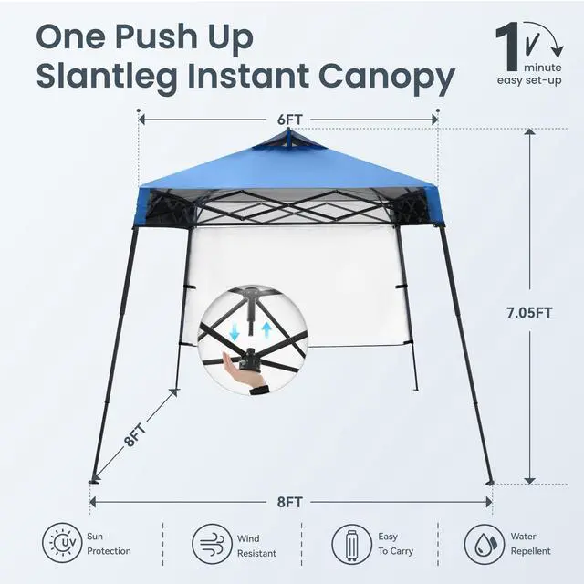 Alt view image 5 of 6 - 8x8ft Pop Up Canopy Tent Instant Portable Shelter One Push Tent Canopy, 4 Weight Bags, Slanted Legs-Blue