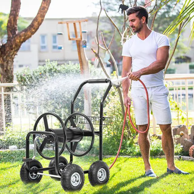 Alt view image 2 of 6 - Hose Reel Hold Up To 300 Ft Heavy Duty Garden Hose Reel Sturdy Water Hose Reel Cart with 4 Wheels Storage Basket for Garden Lawn Yard Outdoor (Black)