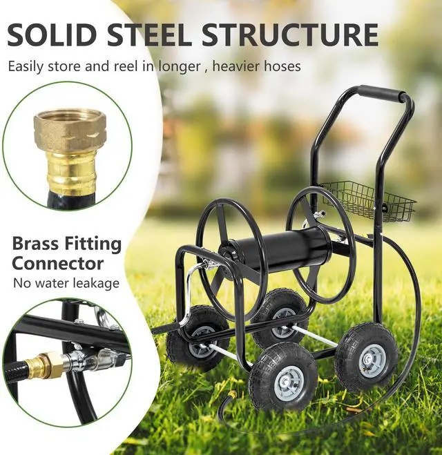 Alt view image 3 of 6 - Hose Reel Hold Up To 300 Ft Heavy Duty Garden Hose Reel Sturdy Water Hose Reel Cart with 4 Wheels Storage Basket for Garden Lawn Yard Outdoor (Black)