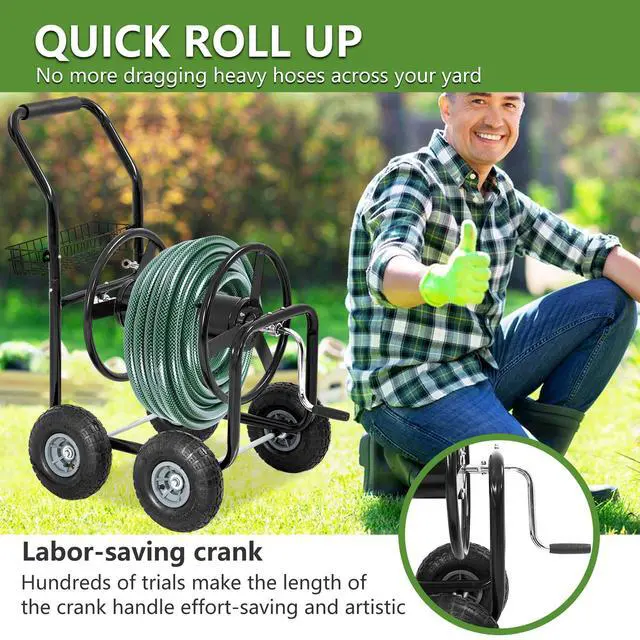 Alt view image 5 of 6 - Hose Reel Hold Up To 300 Ft Heavy Duty Garden Hose Reel Sturdy Water Hose Reel Cart with 4 Wheels Storage Basket for Garden Lawn Yard Outdoor (Black)