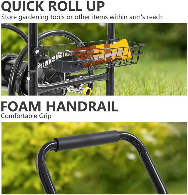 Alt view image 6 of 6 - Hose Reel Hold Up To 300 Ft Heavy Duty Garden Hose Reel Sturdy Water Hose Reel Cart with 4 Wheels Storage Basket for Garden Lawn Yard Outdoor (Black)