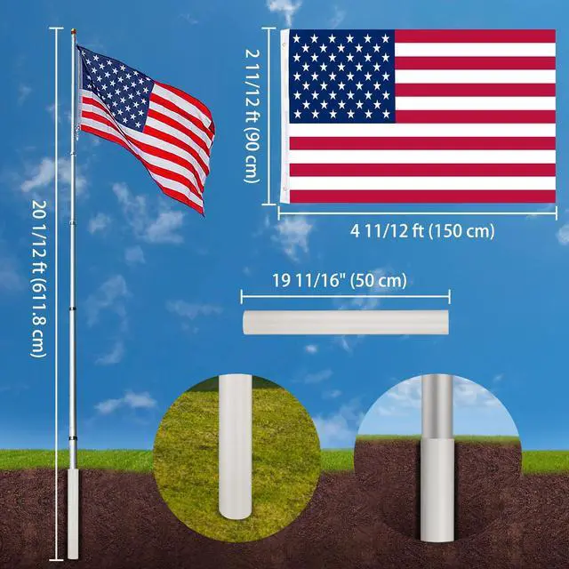 Alt view image 3 of 6 - 20ft Telescopic Flag Pole Kit with 3'x5' US American Flag & Ball Top Sleeve Set Aluminum Telescoping Flagpole Fly 2 Flags for Outdoor Tailgate Camper RV Tire Mount Inground Outside House