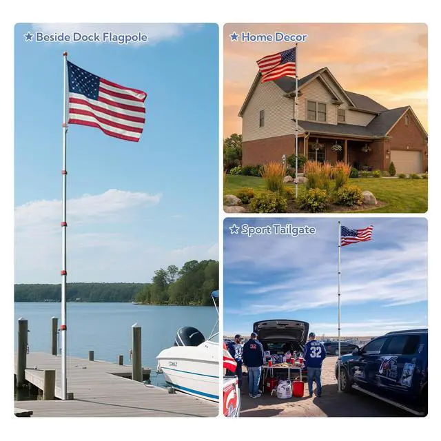 Alt view image 4 of 6 - 20ft Telescopic Flag Pole Kit with 3'x5' US American Flag & Ball Top Sleeve Set Aluminum Telescoping Flagpole Fly 2 Flags for Outdoor Tailgate Camper RV Tire Mount Inground Outside House