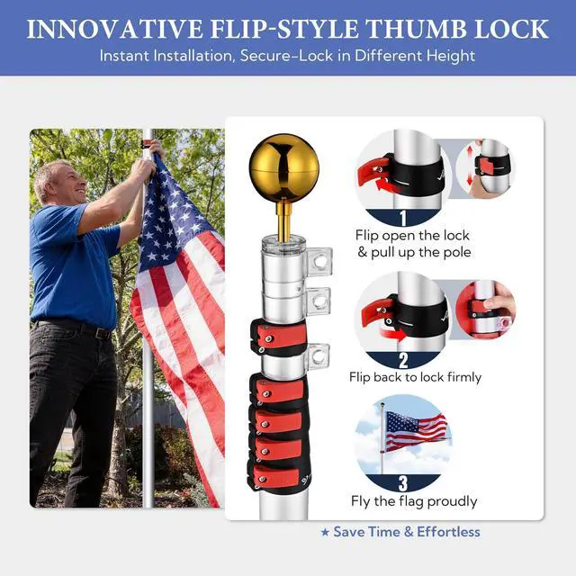 Alt view image 6 of 6 - 20ft Telescopic Flag Pole Kit with 3'x5' US American Flag & Ball Top Sleeve Set Aluminum Telescoping Flagpole Fly 2 Flags for Outdoor Tailgate Camper RV Tire Mount Inground Outside House