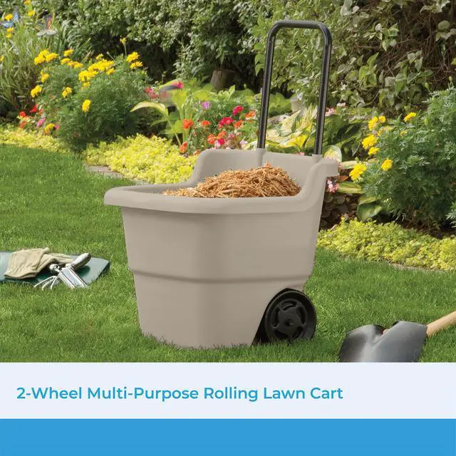 Alt view image 2 of 6 - Garden Cart on Wheels, Taupe 15.5-Gallon Resin Outdoor Utility Yard Cart for Seniors, Lightweight 2 Wheel Wheelbarrow with Easy Mobility for Gardening, Firewood & Laundry, Made in the USA