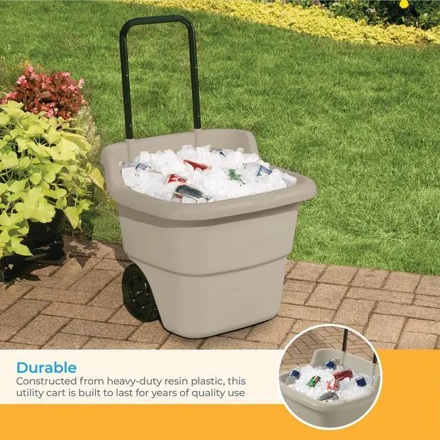 Alt view image 5 of 6 - Garden Cart on Wheels, Taupe 15.5-Gallon Resin Outdoor Utility Yard Cart for Seniors, Lightweight 2 Wheel Wheelbarrow with Easy Mobility for Gardening, Firewood & Laundry, Made in the USA