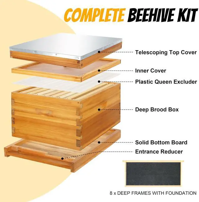 Alt view image 2 of 6 - 8 Frame Beehive Starter Kit Beeswax Coated Deep Beehive Box with Frames, Complete Beekeeping Kit for Beginners with Bee Smoker, Hive Tools, Brush, Gloves & Protective Veil Hat