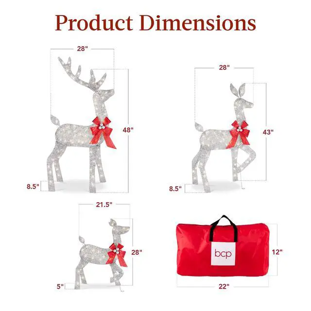 Alt view image 2 of 6 - 4ft 3-Piece 2D Lighted Christmas Deer Family Set, Large Outdoor Yard Reindeer Holiday Decoration with 175 LED Lights, Stakes, Zip Ties - Silver