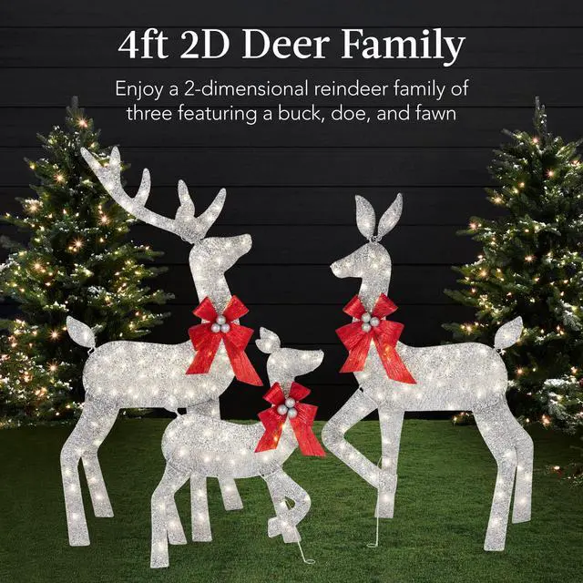 Alt view image 3 of 6 - 4ft 3-Piece 2D Lighted Christmas Deer Family Set, Large Outdoor Yard Reindeer Holiday Decoration with 175 LED Lights, Stakes, Zip Ties - Silver