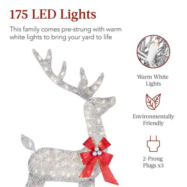 Alt view image 4 of 6 - 4ft 3-Piece 2D Lighted Christmas Deer Family Set, Large Outdoor Yard Reindeer Holiday Decoration with 175 LED Lights, Stakes, Zip Ties - Silver