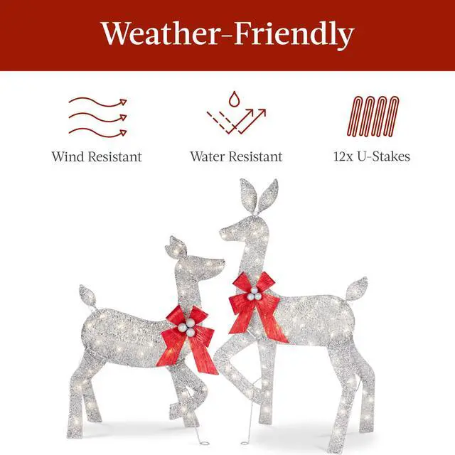 Alt view image 6 of 6 - 4ft 3-Piece 2D Lighted Christmas Deer Family Set, Large Outdoor Yard Reindeer Holiday Decoration with 175 LED Lights, Stakes, Zip Ties - Silver