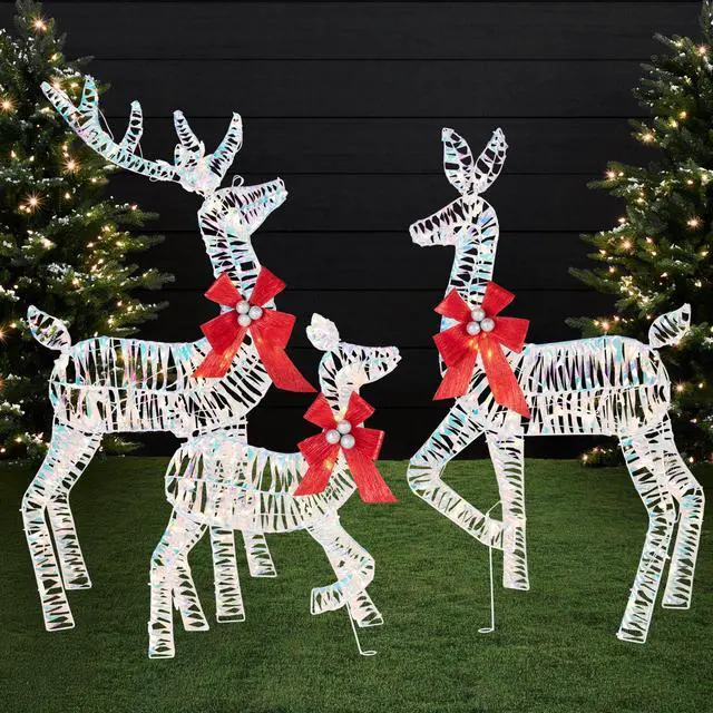 Main image of 4ft 3-Piece 2D Lighted Christmas Deer Family Set, Large Outdoor Yard Reindeer Holiday Decoration with 175 LED Lights, Stakes, Zip Ties - Iridecent