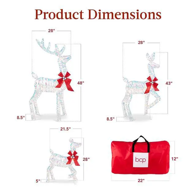 Alt view image 2 of 6 - 4ft 3-Piece 2D Lighted Christmas Deer Family Set, Large Outdoor Yard Reindeer Holiday Decoration with 175 LED Lights, Stakes, Zip Ties - Iridecent