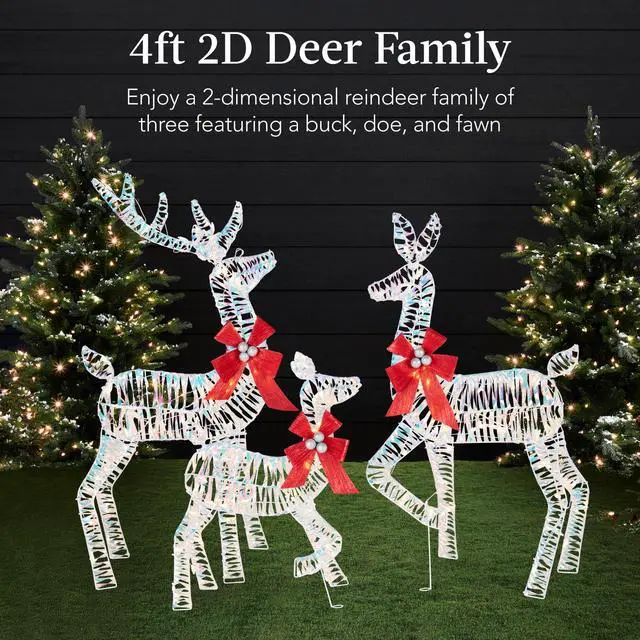 Alt view image 3 of 6 - 4ft 3-Piece 2D Lighted Christmas Deer Family Set, Large Outdoor Yard Reindeer Holiday Decoration with 175 LED Lights, Stakes, Zip Ties - Iridecent
